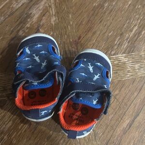 Stride Rite Navy Blue Shark Print Slip-On Sneakers with Orange Lining